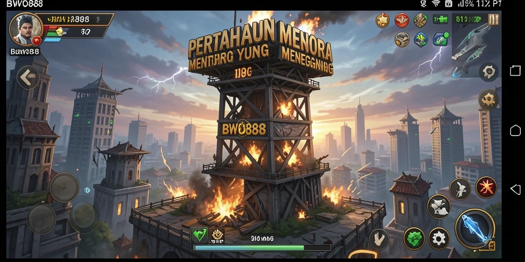 Screenshot gameplay BWO888 menampilkan strategi menara yang dinamis.