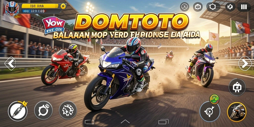 Screenshot utama DOMTOTO yang menunjukkan aksi balapan motor yang mendebarkan.