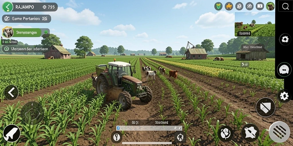 Tampilan gameplay RAJAMPO yang menggambarkan suasana pertanian yang hidup.