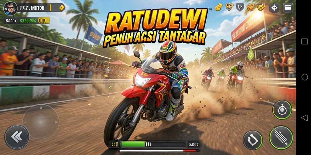 Screenshot dari gameplay RATUDEWI yang menunjukkan balapan motor yang mendebarkan.